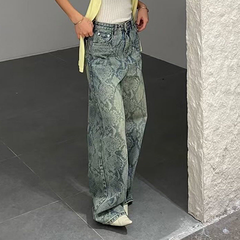 BKQU American Retro Snake Pattern Washed Jeans Y2K Loose High Waist Trousers Fashion Harajuku Street Wide Leg Denim Pants 2025