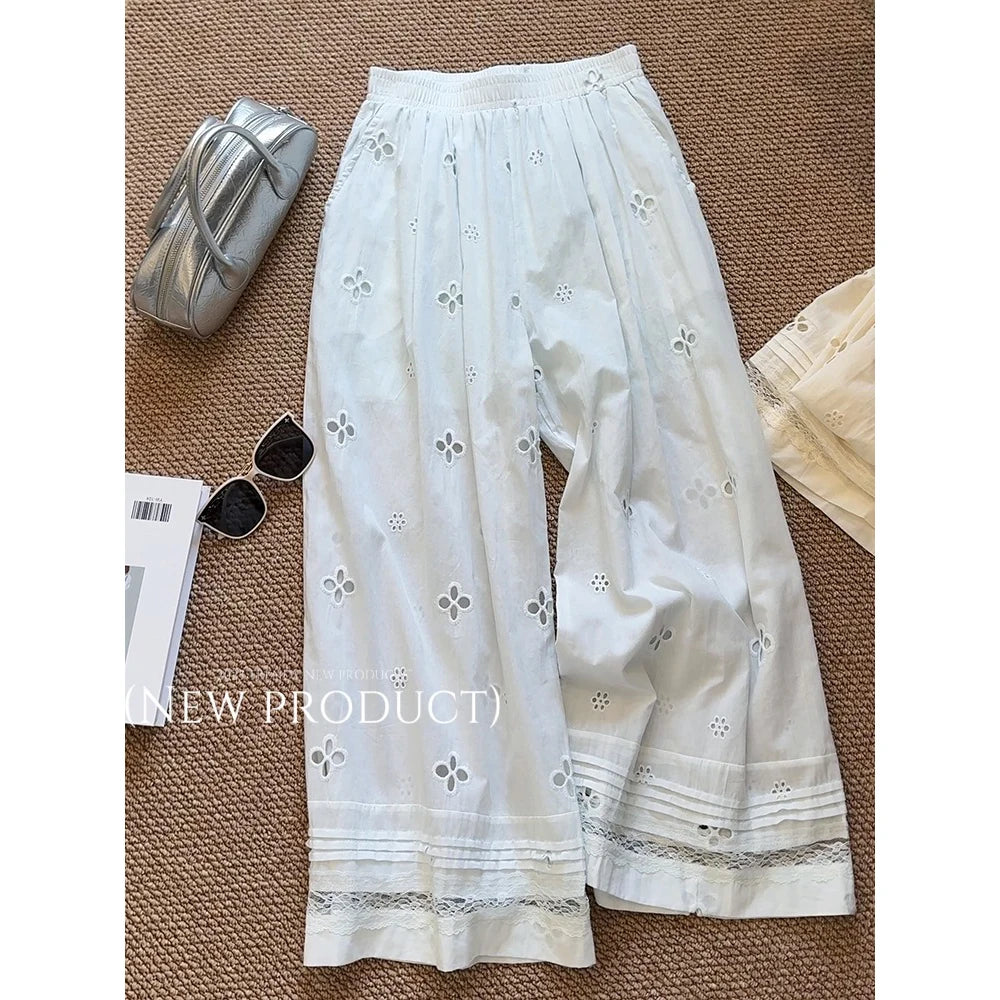 Women Summer Casual Cotton Long Pants High Waist Wide Leg Stright Pants Female Comfortable Clothes Trousers