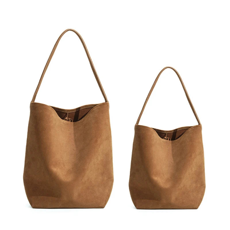 Matte Cowhide Leather Vintage Bucket Bag Large Capacity Tote Shoulder Bag For Women Commuter Elegant Textured Suede Purse Women'