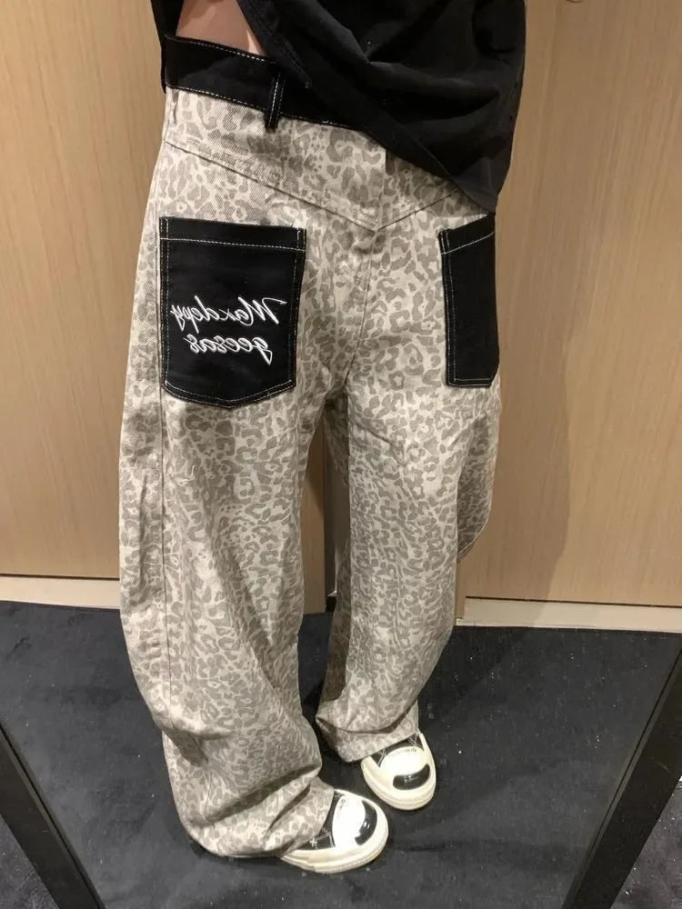 Womens High Waisted Leopard Print Jeans Vintage Washed Wide Leg Baggy Pants Y2K Streetwear Loose Casual Trousers for Women