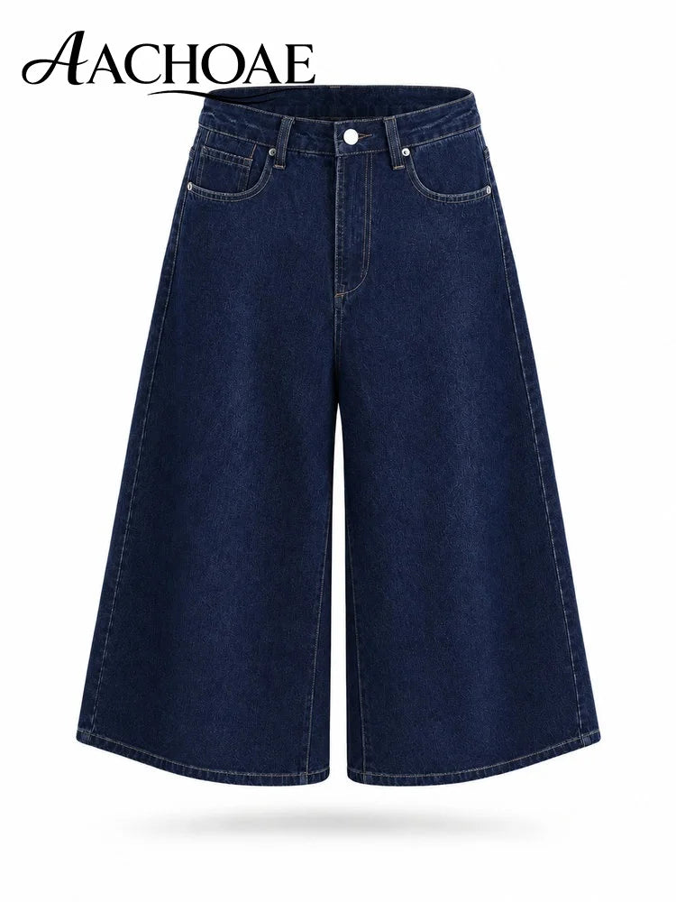 Women Wide Leg Cotton Denim Culottes High Waist Cropped Jeans Loose Casual Blue Jean Pants Vintage Wide Leg Capri Denim Trousers