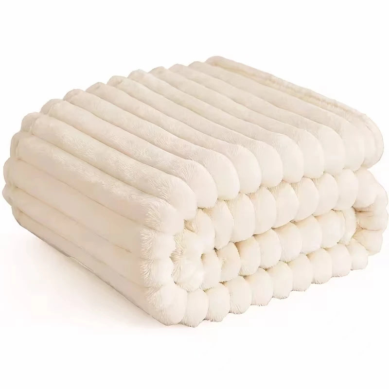 A Soft Cozy Faux Fur Rabbit Stripped Blanket, Warm and Thick for Bed, Sofa, Dormitory and Office, Versatile Use and Rich Colors