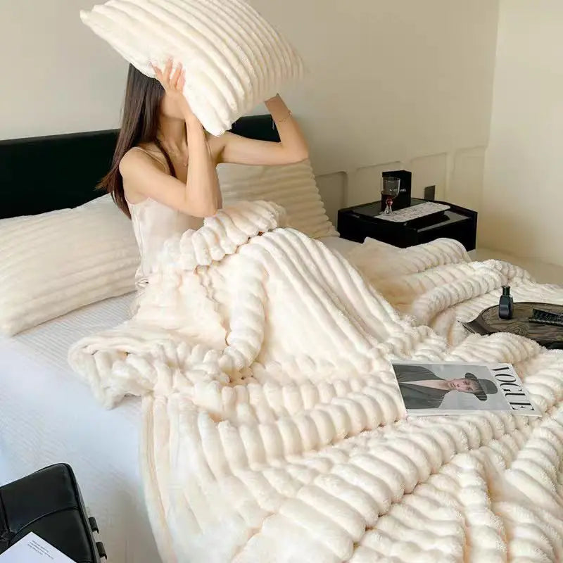 A Soft Cozy Faux Fur Rabbit Stripped Blanket, Warm and Thick for Bed, Sofa, Dormitory and Office, Versatile Use and Rich Colors