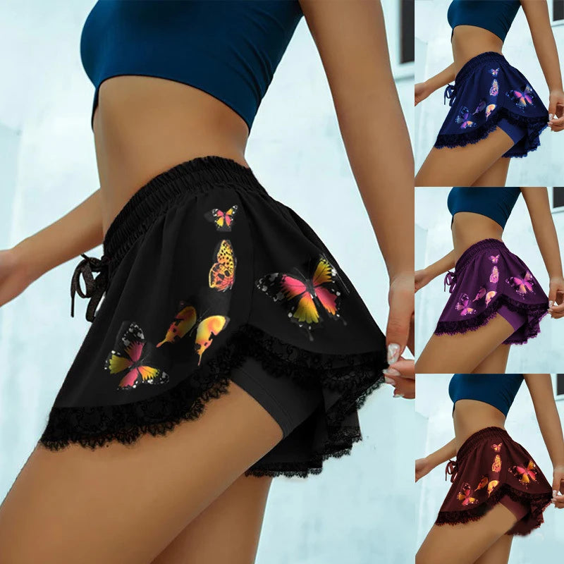 Women's Sport Tennis Skorts Butterfly Print Outdoor yoga Inner Short Skirt High Elastic Waist Golf Mini Hakama For Female Summer