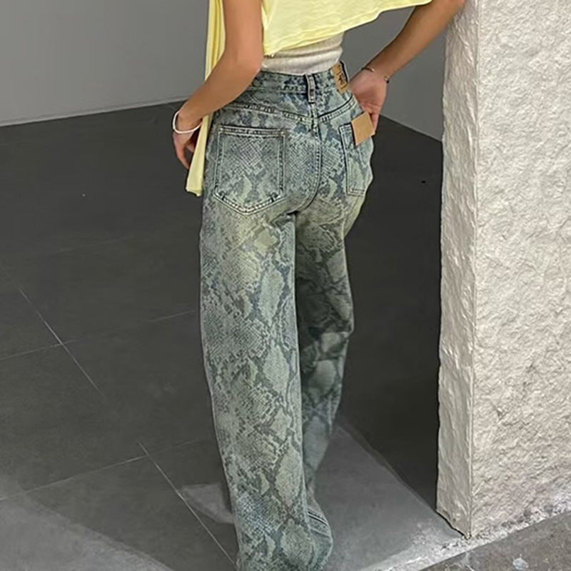 BKQU American Retro Snake Pattern Washed Jeans Y2K Loose High Waist Trousers Fashion Harajuku Street Wide Leg Denim Pants 2025