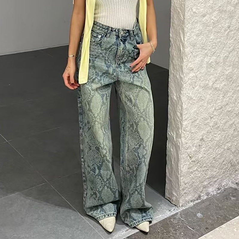 BKQU American Retro Snake Pattern Washed Jeans Y2K Loose High Waist Trousers Fashion Harajuku Street Wide Leg Denim Pants 2025