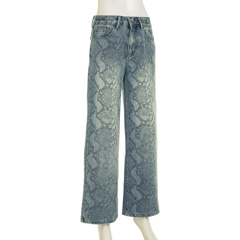 BKQU American Retro Snake Pattern Washed Jeans Y2K Loose High Waist Trousers Fashion Harajuku Street Wide Leg Denim Pants 2025