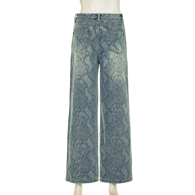 BKQU American Retro Snake Pattern Washed Jeans Y2K Loose High Waist Trousers Fashion Harajuku Street Wide Leg Denim Pants 2025