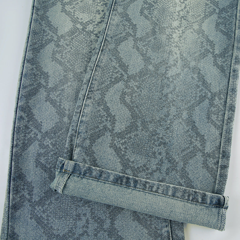 BKQU American Retro Snake Pattern Washed Jeans Y2K Loose High Waist Trousers Fashion Harajuku Street Wide Leg Denim Pants 2025