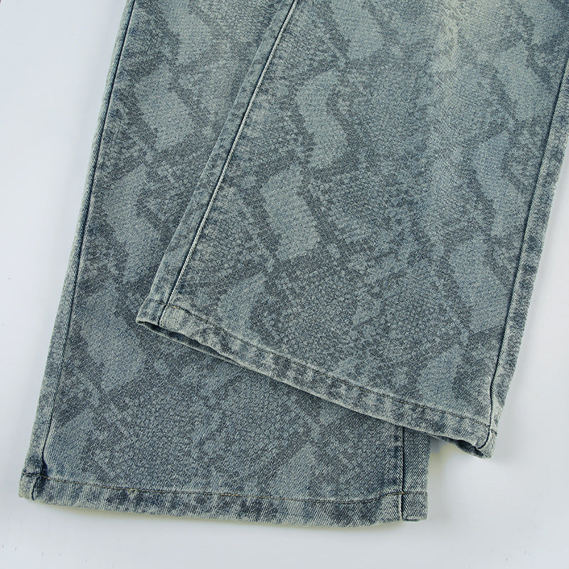 BKQU American Retro Snake Pattern Washed Jeans Y2K Loose High Waist Trousers Fashion Harajuku Street Wide Leg Denim Pants 2025