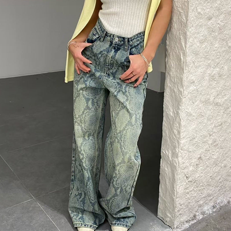 BKQU American Retro Snake Pattern Washed Jeans Y2K Loose High Waist Trousers Fashion Harajuku Street Wide Leg Denim Pants 2025