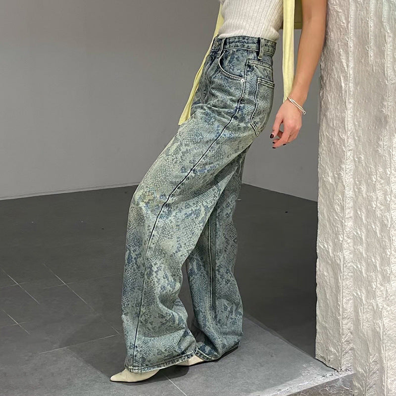 BKQU American Retro Snake Pattern Washed Jeans Y2K Loose High Waist Trousers Fashion Harajuku Street Wide Leg Denim Pants 2025
