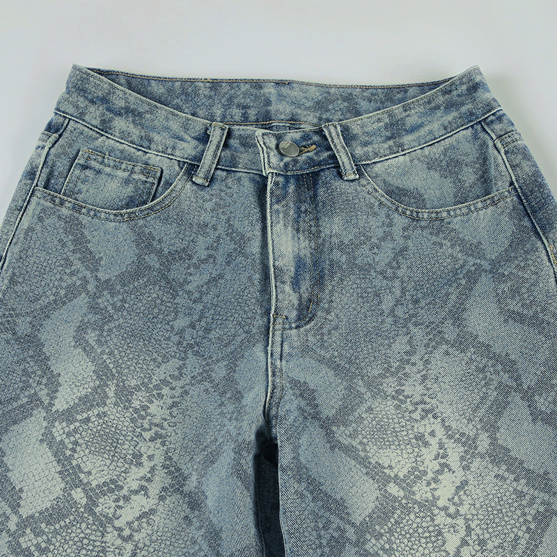 BKQU American Retro Snake Pattern Washed Jeans Y2K Loose High Waist Trousers Fashion Harajuku Street Wide Leg Denim Pants 2025