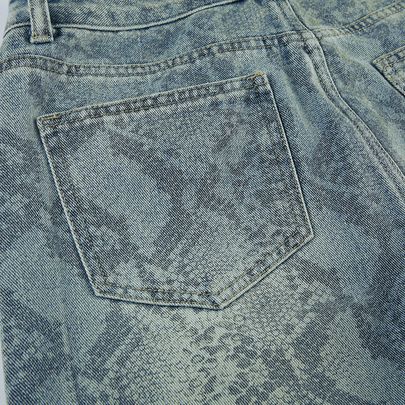 BKQU American Retro Snake Pattern Washed Jeans Y2K Loose High Waist Trousers Fashion Harajuku Street Wide Leg Denim Pants 2025