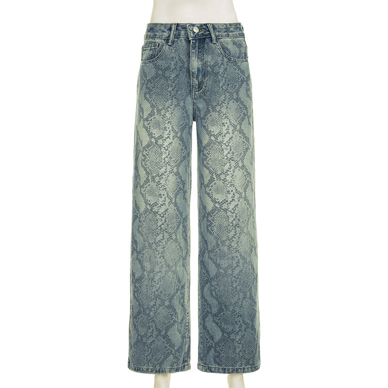 BKQU American Retro Snake Pattern Washed Jeans Y2K Loose High Waist Trousers Fashion Harajuku Street Wide Leg Denim Pants 2025