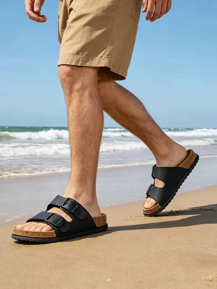 Black and White Double Buckle Sandals, Unisex Adjustable Flat Slippers, Non-Slip Sandals for Both Men and Women