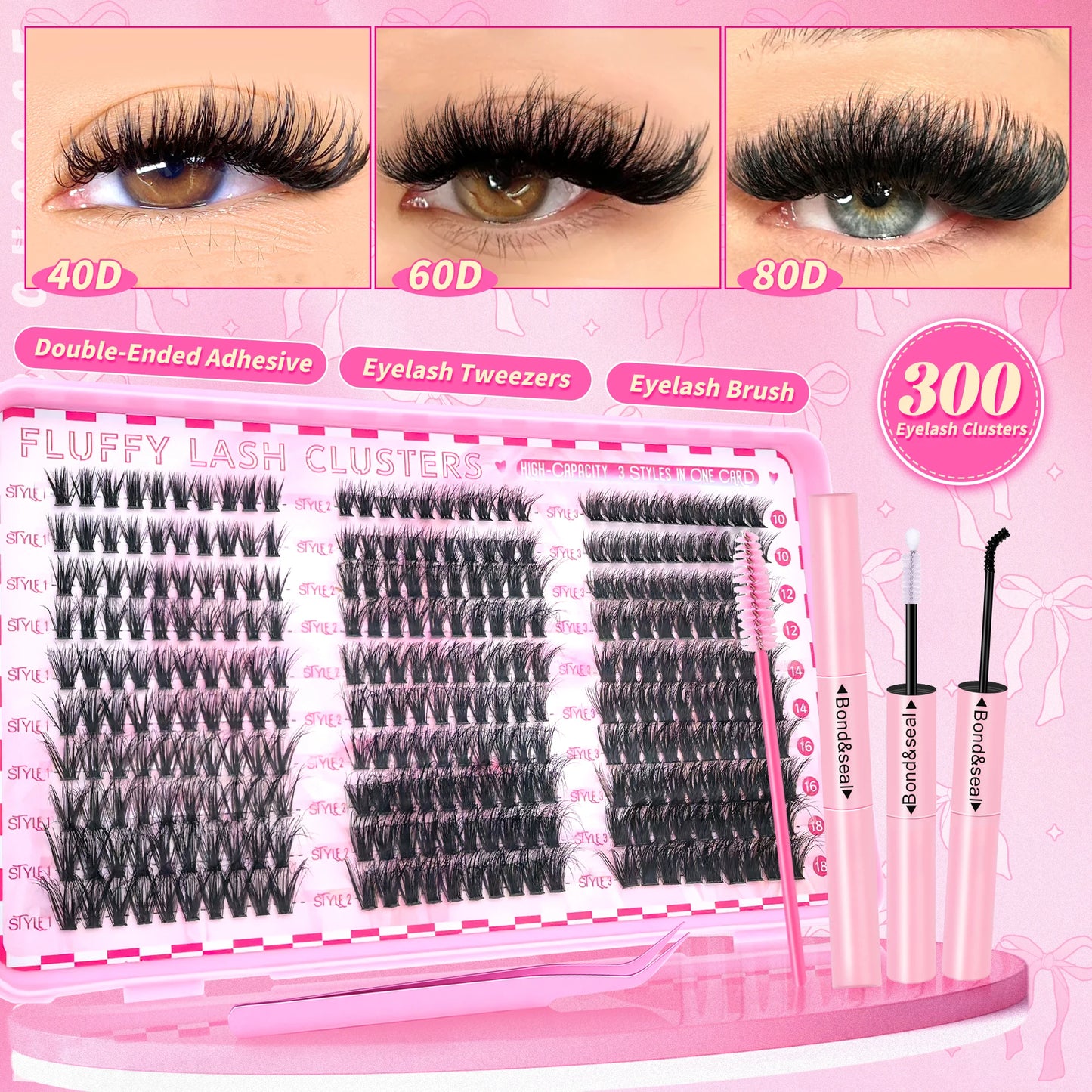 800PCS 30406080D Clusters Lashes Extension Kit, Length 9-16mm Natural Eyelashes,Cat eye,Bond and Seal,Tweezers,Brush,DIY At Home