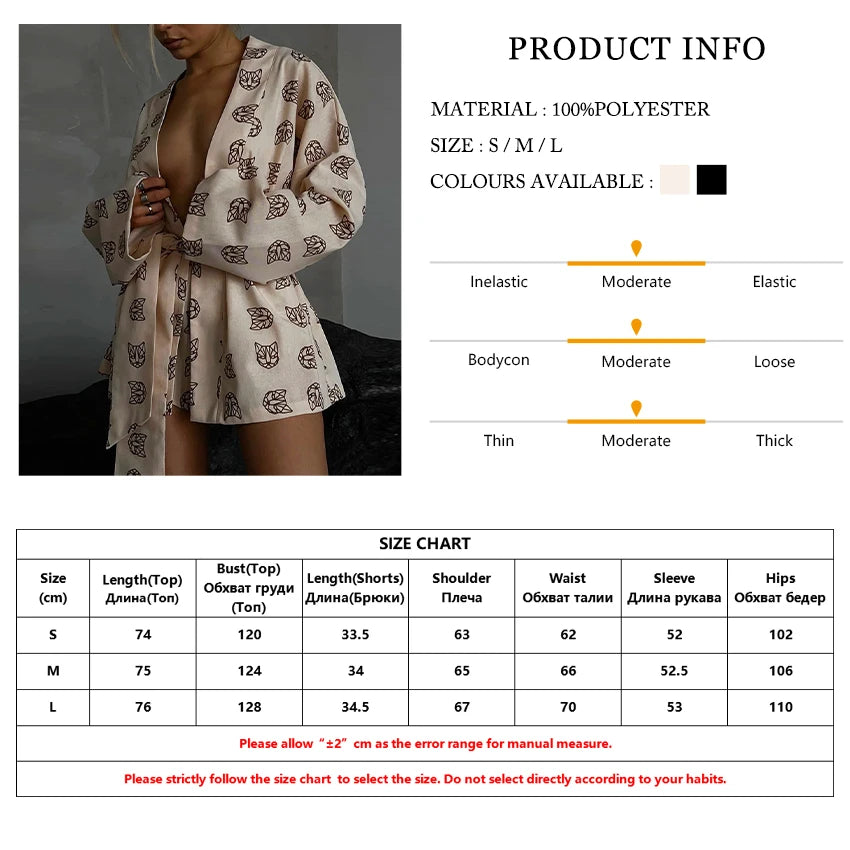 Shorts Set Homewear Fashion Loose Print 2 Piece Sets Womens Outfits Casual Lace Up Long Sleeve Robes With High Waist Pajama 2023