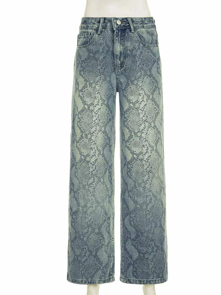 BKQU American Retro Snake Pattern Washed Jeans Y2K Loose High Waist Trousers Fashion Harajuku Street Wide Leg Denim Pants 2025