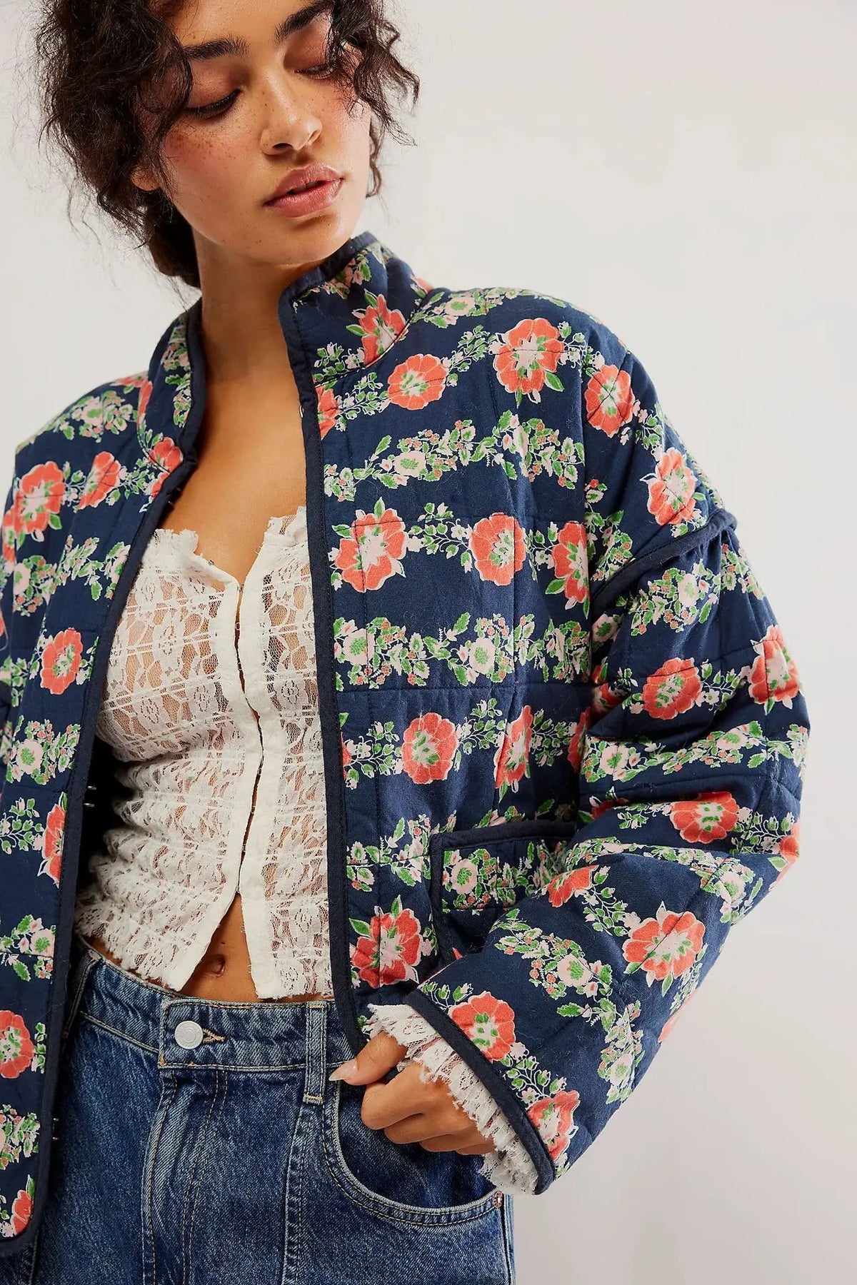 New Chic Vintage Floral Print Cotton Coat Autumn Winter Women Jacket Long Sleeve Cardigan Pocket Streetwear Short Quilted Jacket