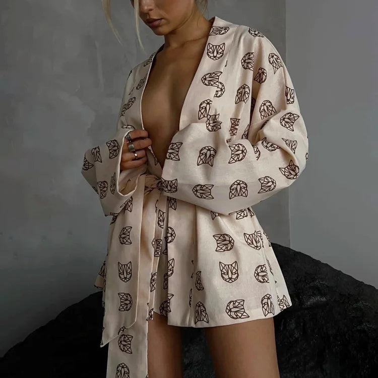 Shorts Set Homewear Fashion Loose Print 2 Piece Sets Womens Outfits Casual Lace Up Long Sleeve Robes With High Waist Pajama 2023
