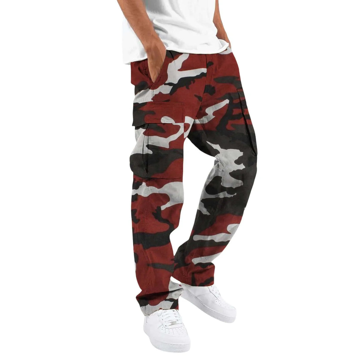 Men Camo Cargo Pants Multiple Colors Solid Drawstring Waist Loose Straight Multi Pocket Casual Streetwear Work Long Trousers