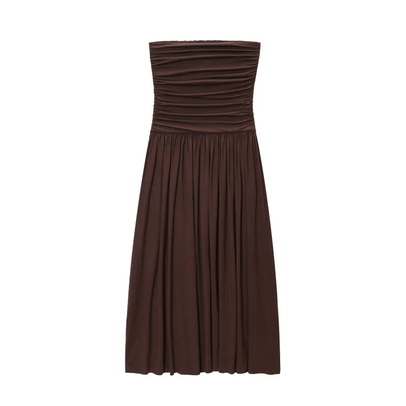 ETJ 2025  women's new dress elegant sexy off-shoulder fashion pleats details slimming strapless dress
