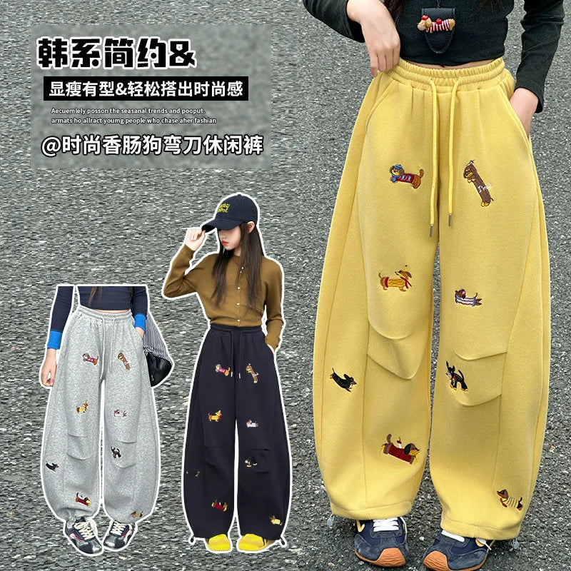 Girls' sweatpants Spring  Autumn 2026 New Children Dachshund embroidered curved knife pants Stylish girls casual sportspants