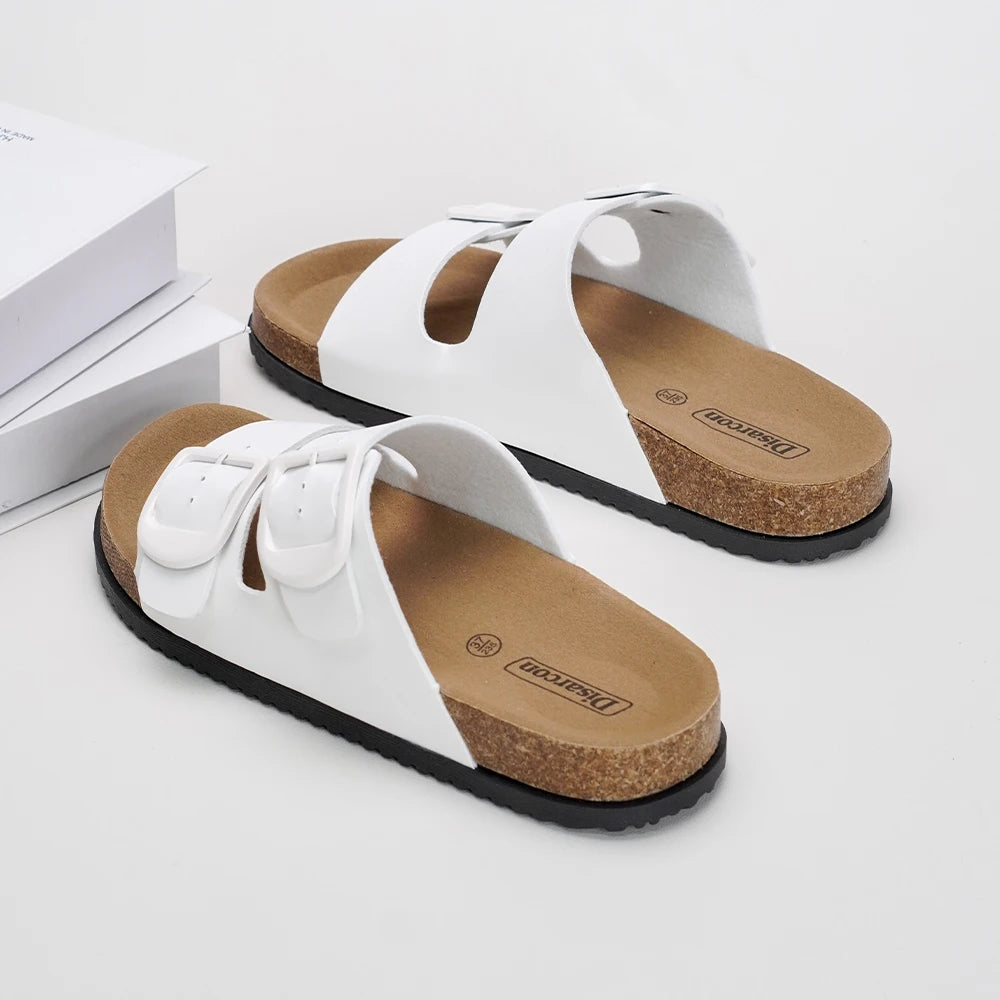 Black and White Double Buckle Sandals, Unisex Adjustable Flat Slippers, Non-Slip Sandals for Both Men and Women