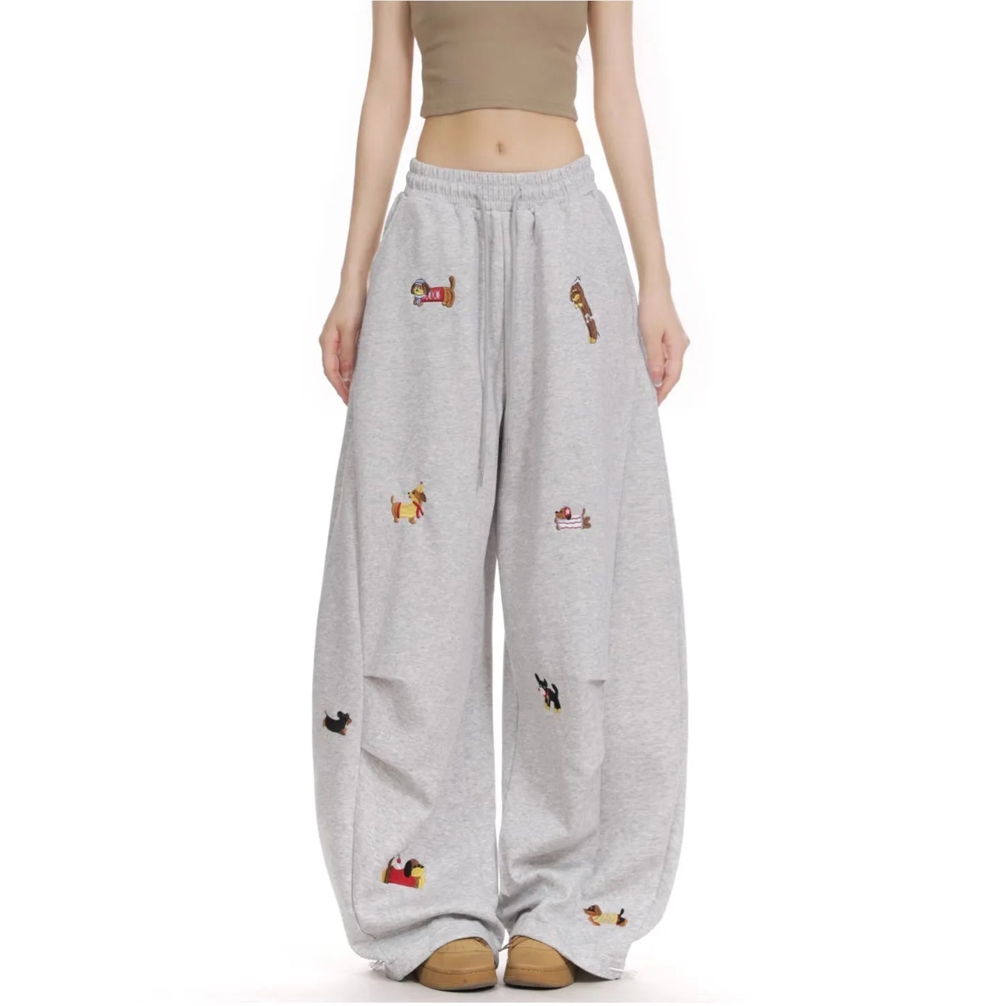 American Trendy Hip Hop Sausage Dog Embroidery Casual Pants Women Loose Slimming Versatile Street Drape Wide Leg Pants Sweatp...