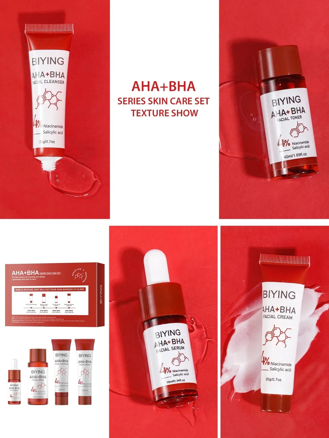 AHA+BHA Series Skin Facial Cleanser Cream Serum Toner Moisturiser Hydrating Toner Serum Cream Foam Facial Skin Care Set
