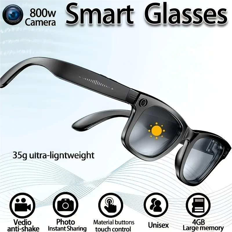 AI Smart Video Glasses with Camera and Photo Capabilities, featuring an 8MP camera, 1080P HD video recording, 4K resolution,