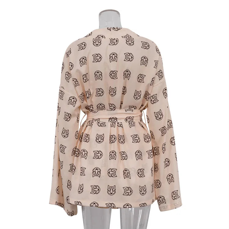 Shorts Set Homewear Fashion Loose Print 2 Piece Sets Womens Outfits Casual Lace Up Long Sleeve Robes With High Waist Pajama 2023