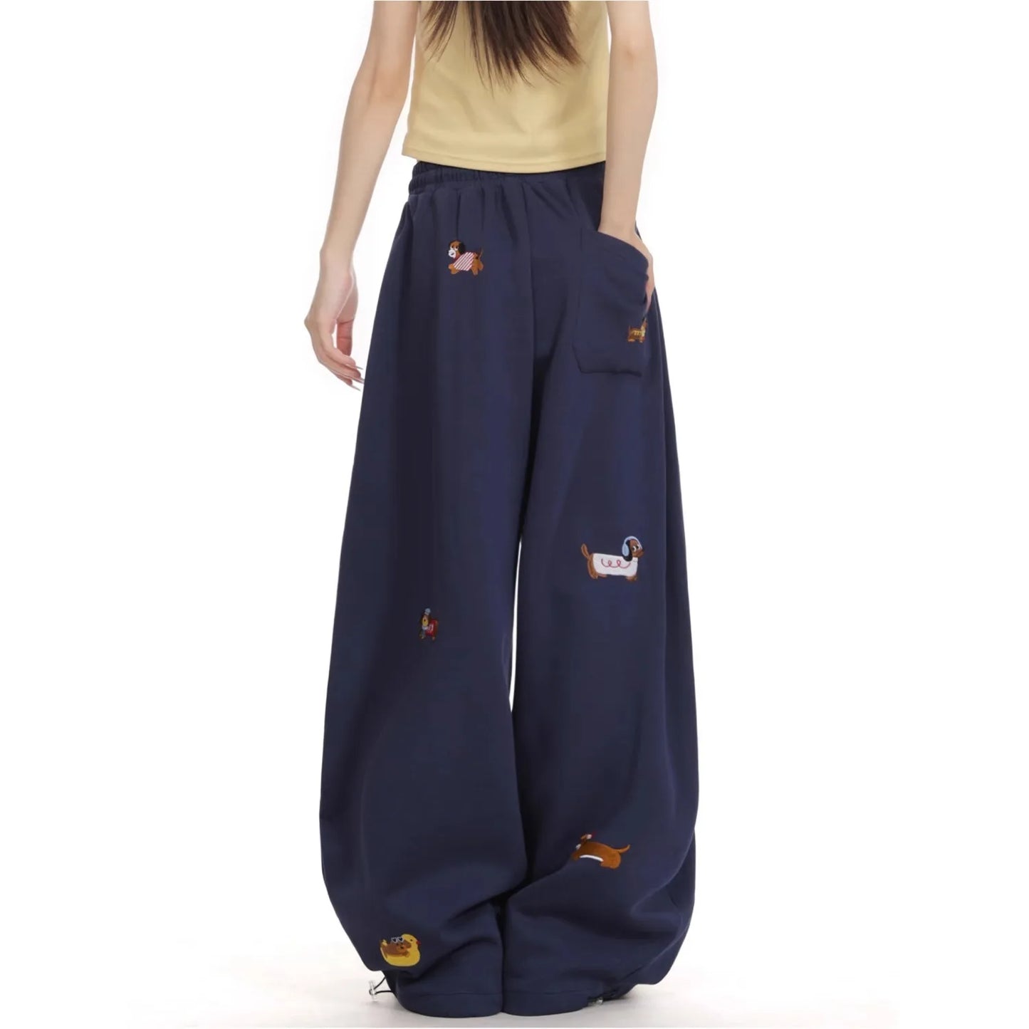 American Trendy Hip Hop Sausage Dog Embroidery Casual Pants Women Loose Slimming Versatile Street Drape Wide Leg Pants Sweatp...