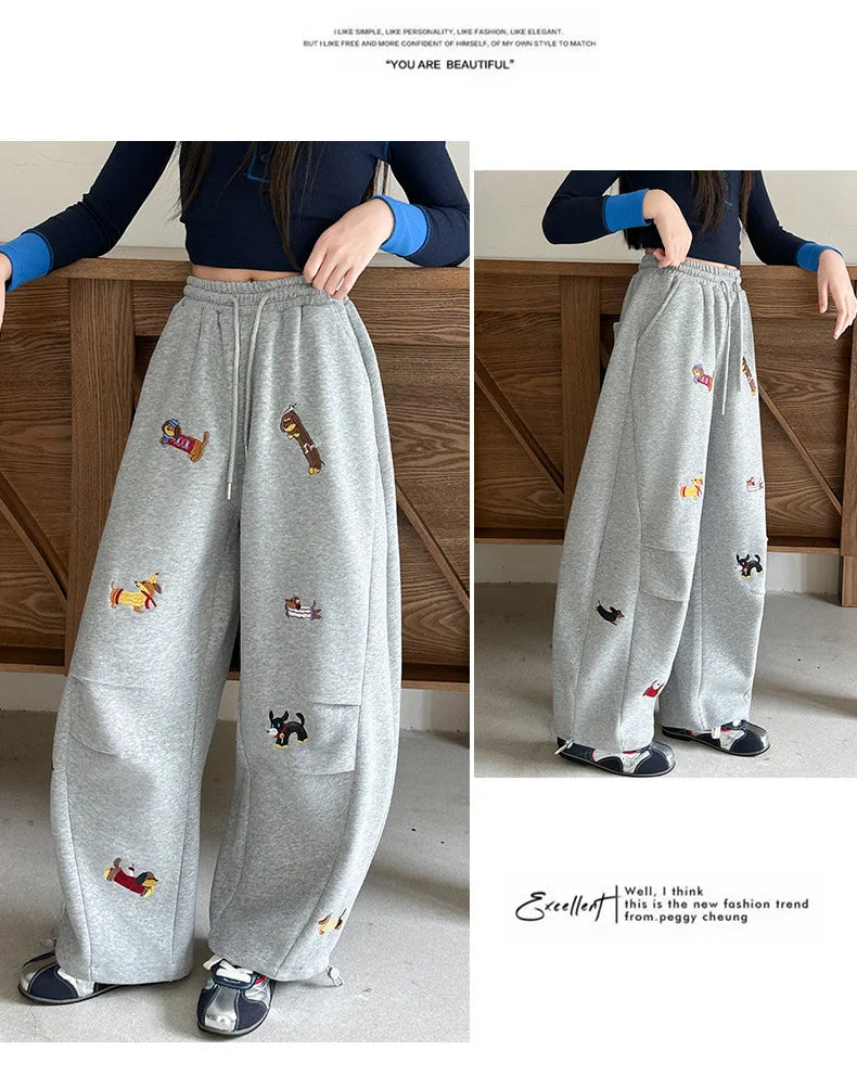 Girls' sweatpants Spring  Autumn 2026 New Children Dachshund embroidered curved knife pants Stylish girls casual sportspants
