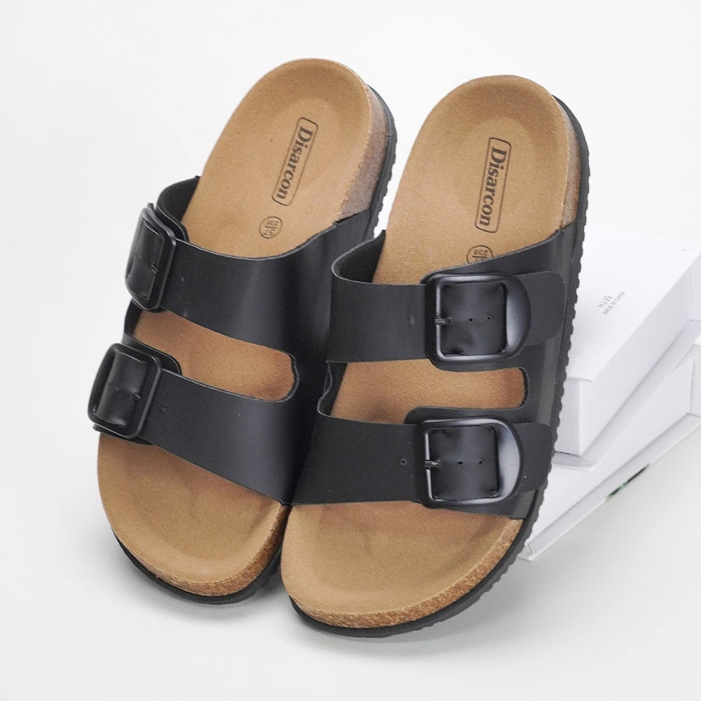 Black and White Double Buckle Sandals, Unisex Adjustable Flat Slippers, Non-Slip Sandals for Both Men and Women