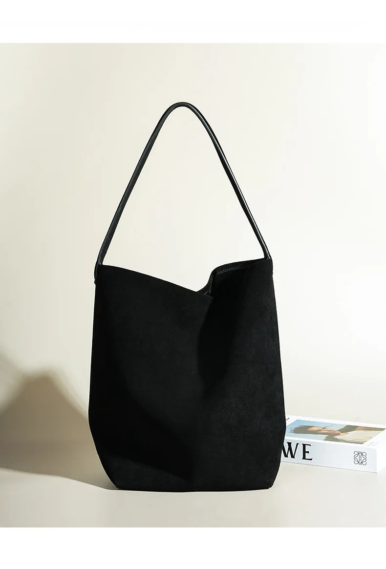 Matte Cowhide Leather Vintage Bucket Bag Large Capacity Tote Shoulder Bag For Women Commuter Elegant Textured Suede Purse Women'