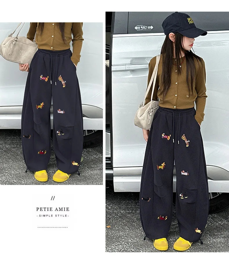 Girls' sweatpants Spring  Autumn 2026 New Children Dachshund embroidered curved knife pants Stylish girls casual sportspants