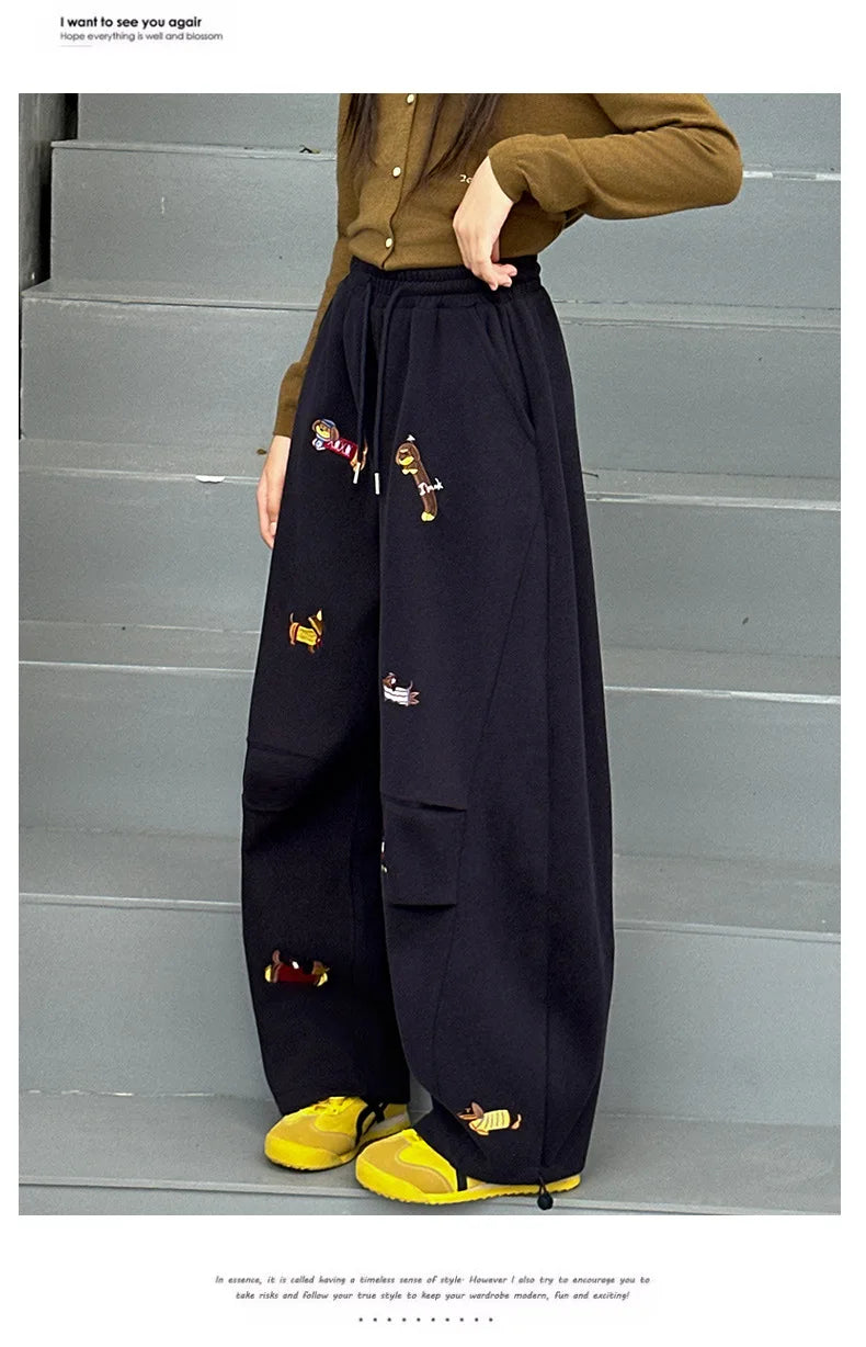 Girls' sweatpants Spring  Autumn 2026 New Children Dachshund embroidered curved knife pants Stylish girls casual sportspants