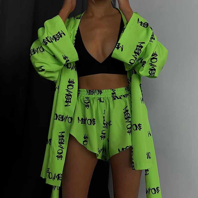 Shorts Set Homewear Fashion Loose Print 2 Piece Sets Womens Outfits Casual Lace Up Long Sleeve Robes With High Waist Pajama 2023