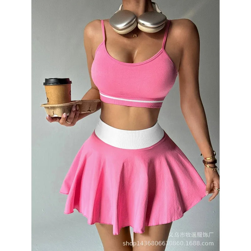 Fitness Yoga Set Women Tracksuit Gym Clothes Sports Bra 2 Piece Workout Sets Outfit Short Skirt Quick Drying Sportswear