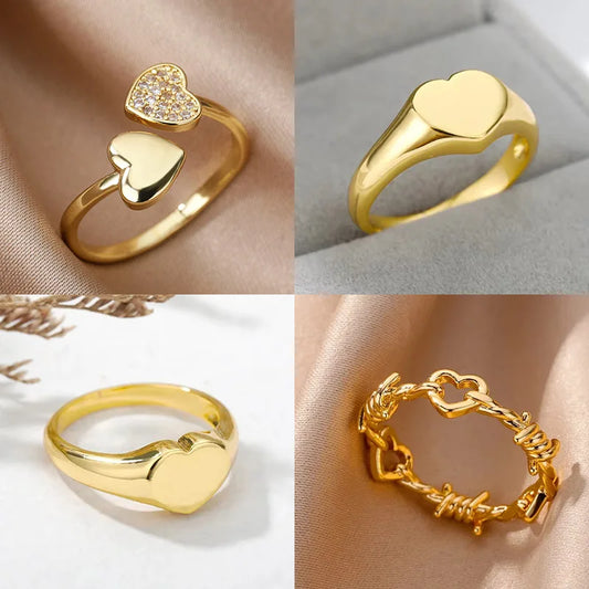 Heart Rings For Women Stainless Steel Gold Color Heart Couple Rings Anniversary Wedding Aesthetic Jewelry Gift Bague Femme