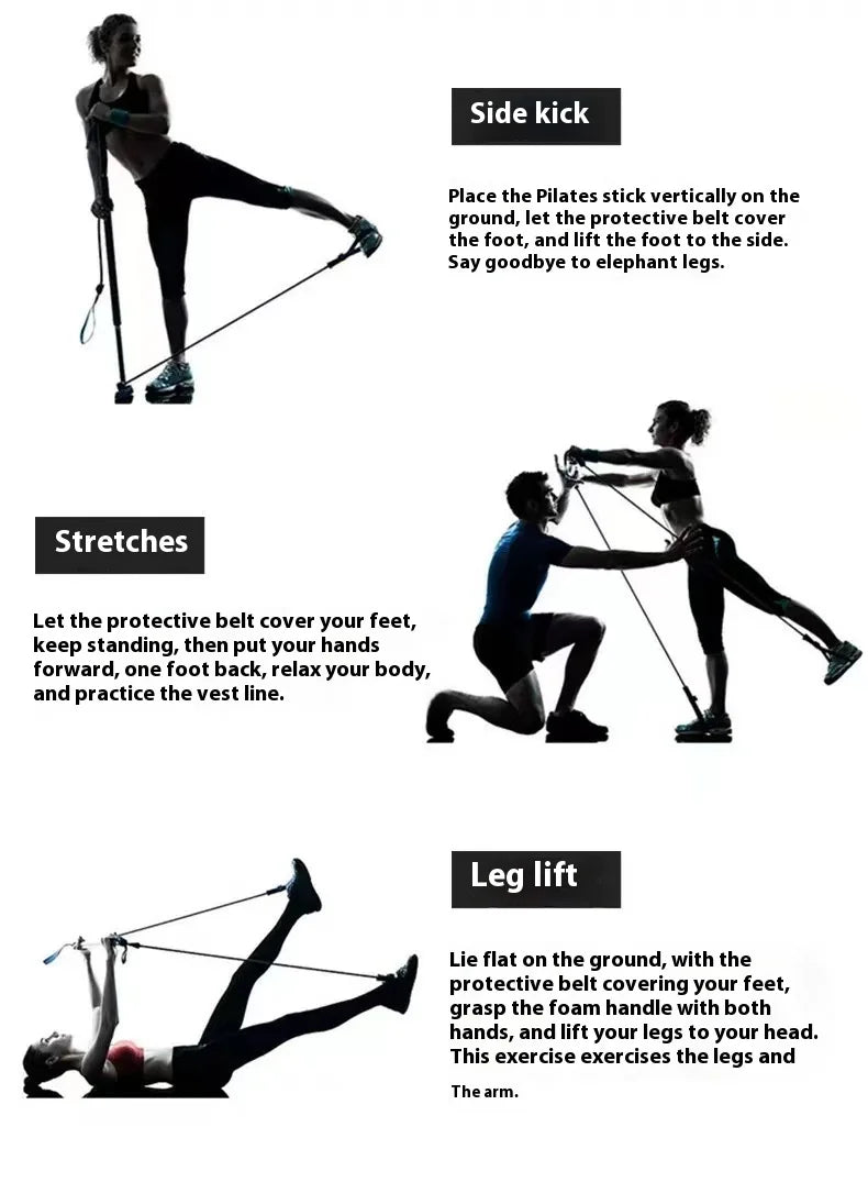Pilates Stick - Adjustable Fitness Bar for Home Workout, Yoga, Stretching & Toning - Portable Exercise Rod with Elastic Bands