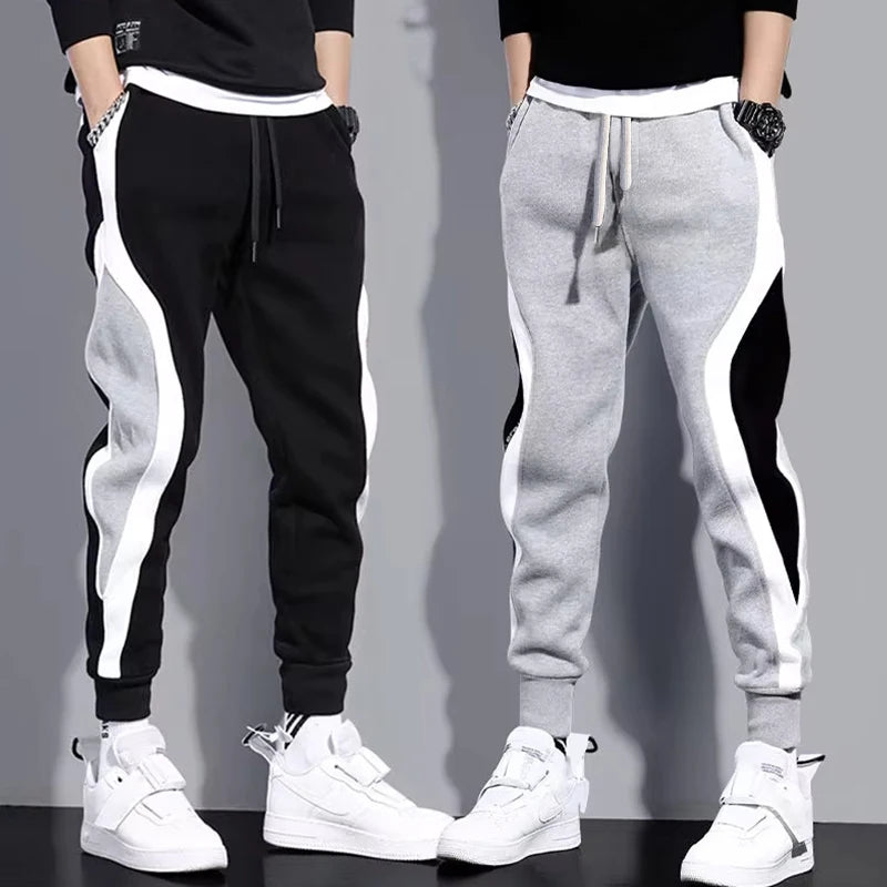 Autumn Men's Wide Loose Casual Pants Mens Patchwork Nine-point Sports  Elastic Rope Breathable Tie-foot Trousers