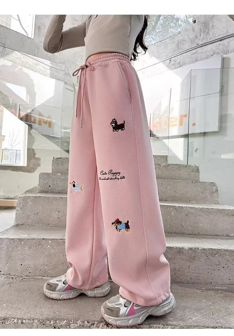 Girl Cotton Warm Trousers American High Street Casual Pants Child Loose Pants Autumn Kids Pink Sweatpants 120-170 New 2025