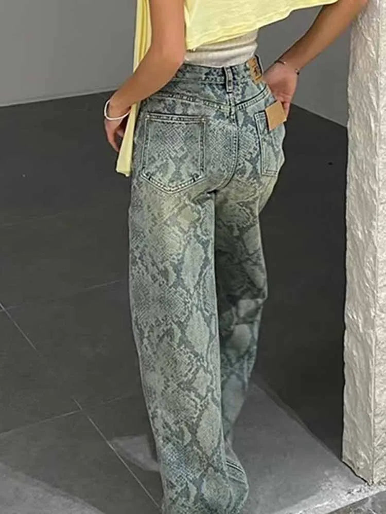 BKQU American Retro Snake Pattern Washed Jeans Y2K Loose High Waist Trousers Fashion Harajuku Street Wide Leg Denim Pants 2025