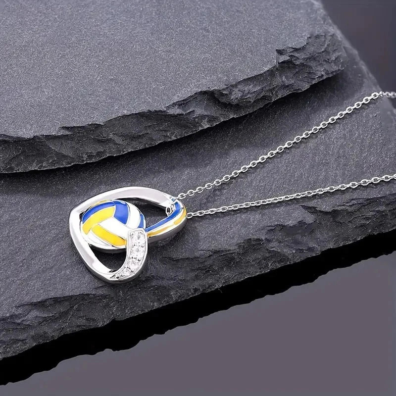 Huitan Trendy Volleyball Heart Pendant Necklace Delicate Accessories with Shiny Zirconia Fashion Female Daily Party Jewelry