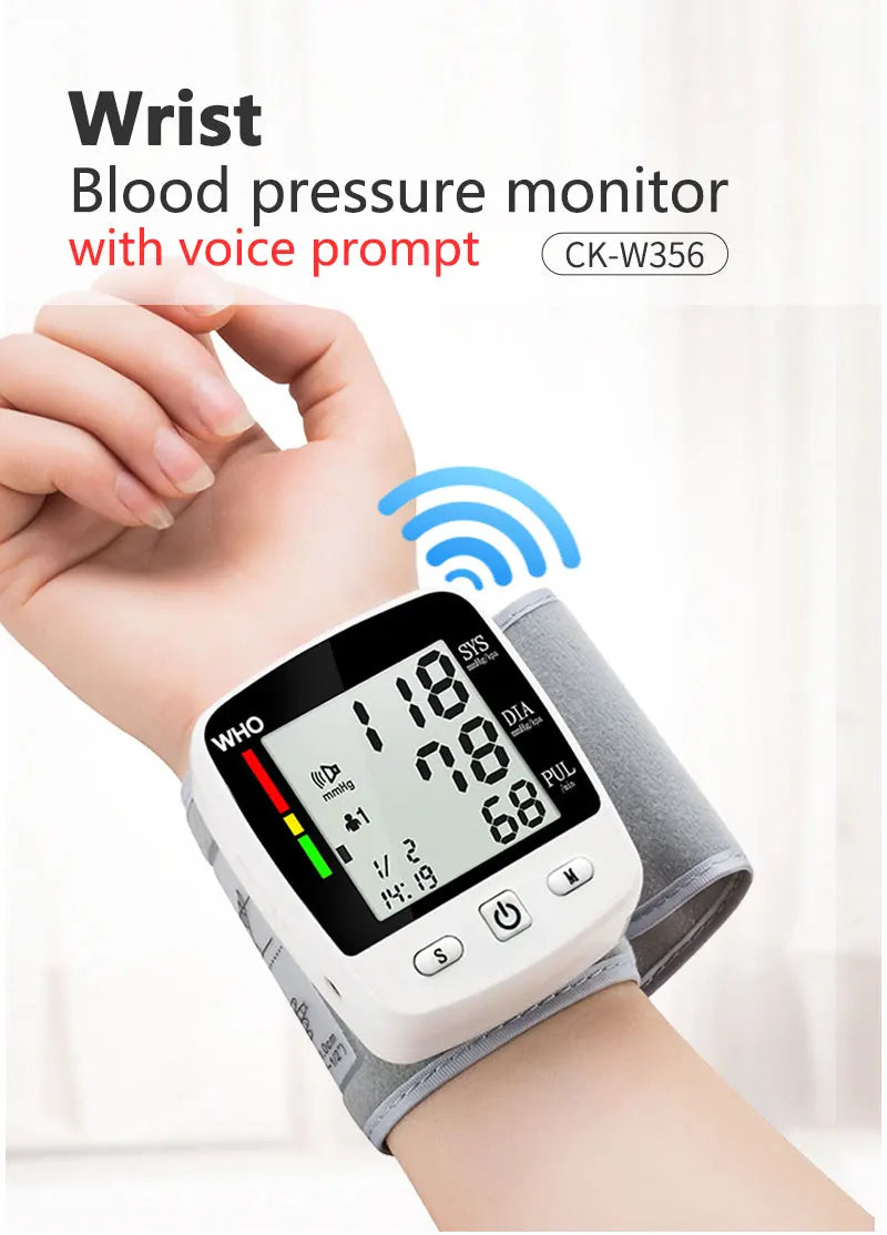 Digital Blood Pressure Monitor Wrist Tensiometer Electronic Sphygmomanometer  Tonometer with LCD, 2 X 90 Memory Rechargeable