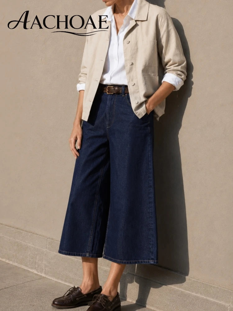 Women Wide Leg Cotton Denim Culottes High Waist Cropped Jeans Loose Casual Blue Jean Pants Vintage Wide Leg Capri Denim Trousers