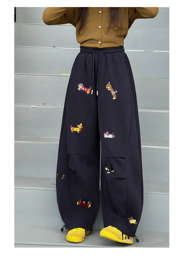 Girls' sweatpants Spring  Autumn 2026 New Children Dachshund embroidered curved knife pants Stylish girls casual sportspants